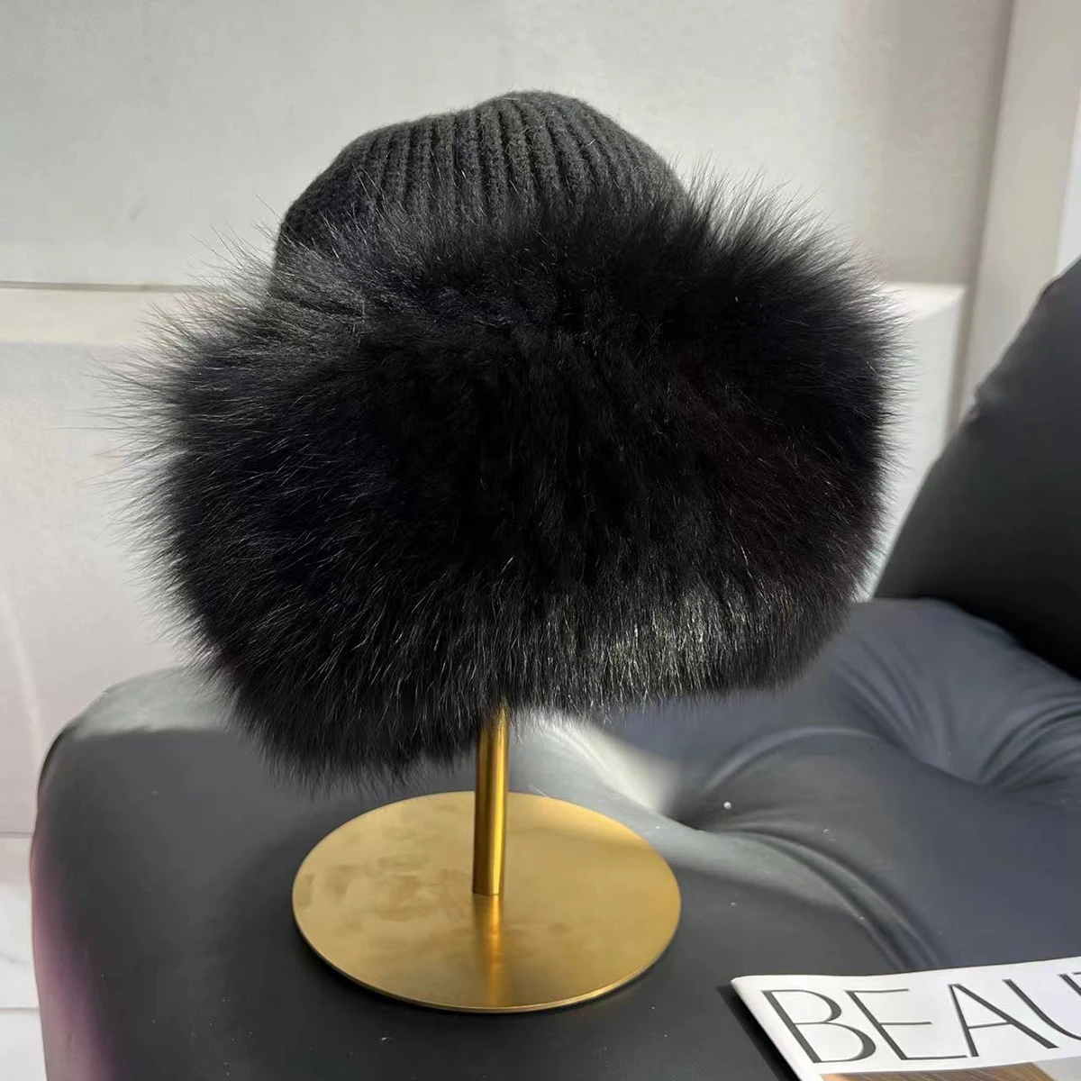Women Real Fur Hat Winter Natural Fox Fur Beanie Lady Luxury Knitting Fox Bucket Hat Bonnets