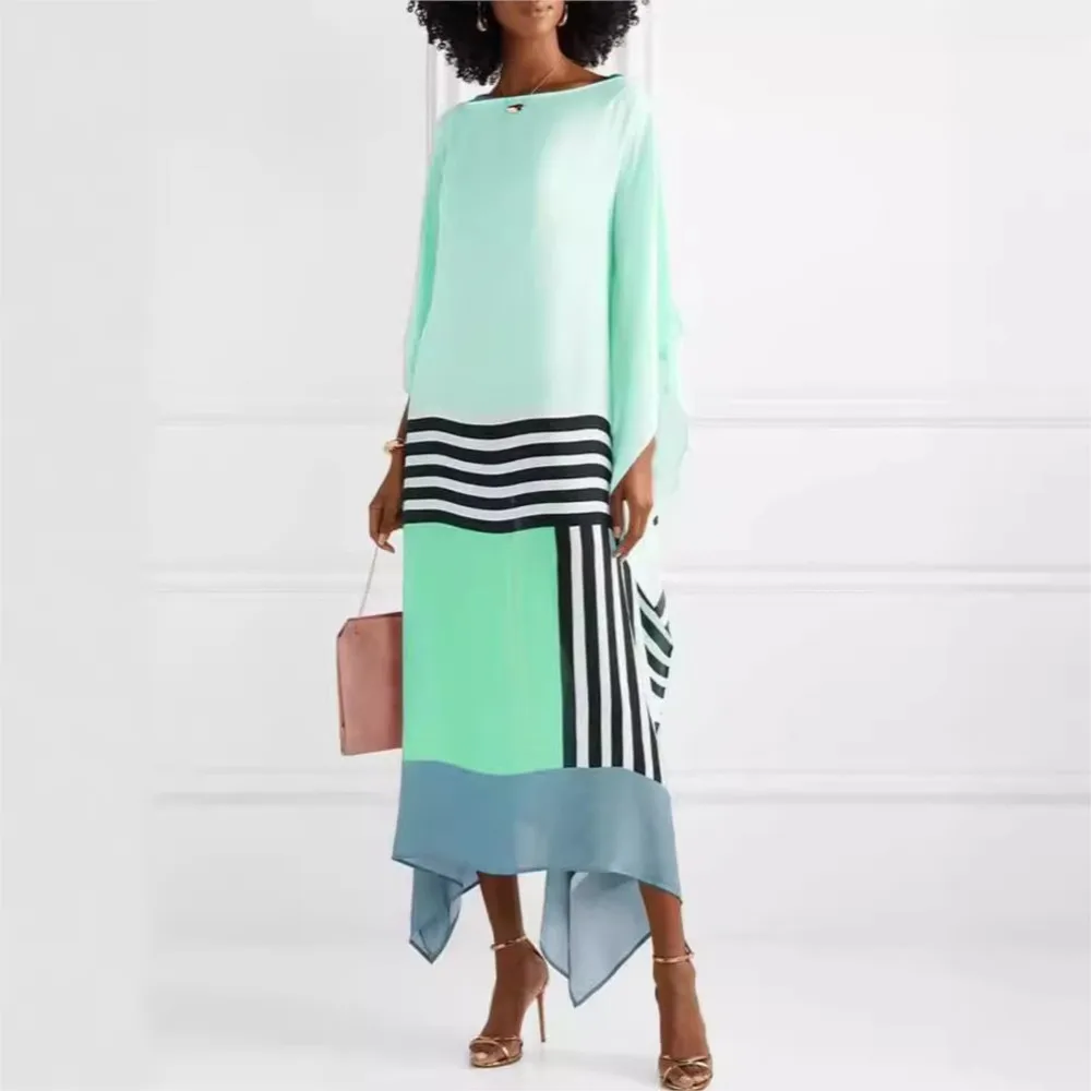 Fashion Printed Stripe Splicing Long Sleeve Dresses Women Autumn Summer Casual Loose Diagonal Shoulder Long Elegant Female Dress 2