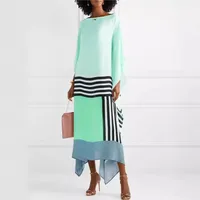 Fashion Printed Stripe Splicing Long Sleeve Dresses Women Autumn Summer Casual Loose Diagonal Shoulder Long Elegant Female Dress 2