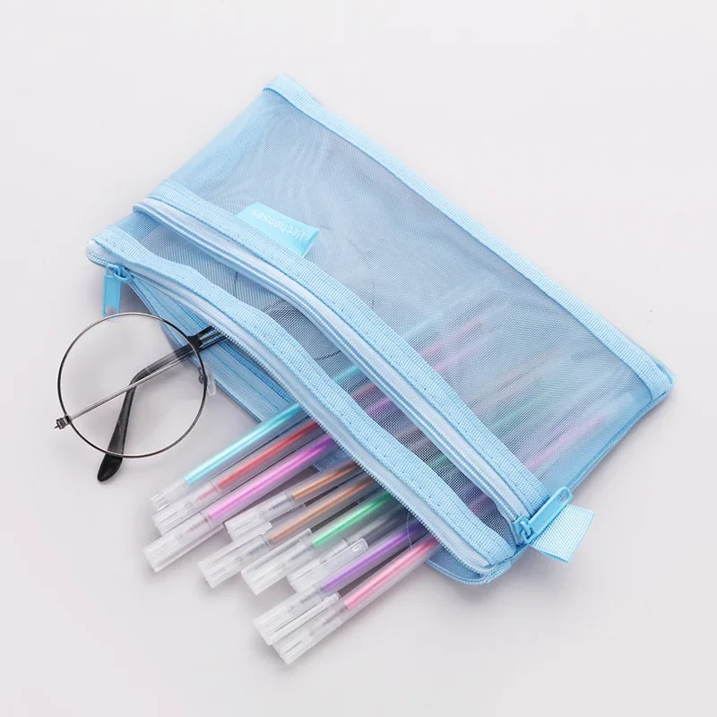 Simple Transparent Zipper Pencil Case Mesh Cosmetic Storage Bag Clear Stationery Bag Nylon Makeup Pouch Portable Travel Handbag