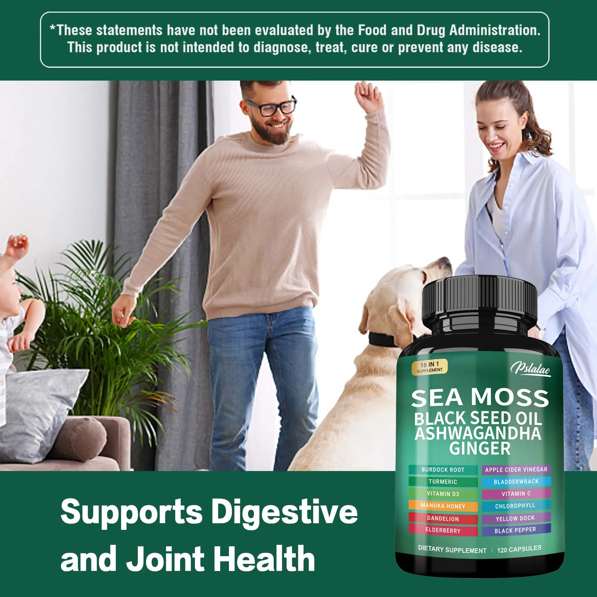 Sea Moss Black Seed Oil Ashwagandha Ginger Boosts The Immune System Promotes Digestion and Joint Health 120 Capsules