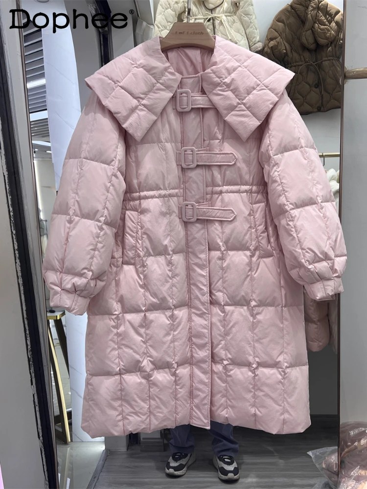 

Mid-Length Doll Collar Leather Ring Thick Drawstring Waist Slimming White Duck down Coat 2023 Winter New down Jacket Women