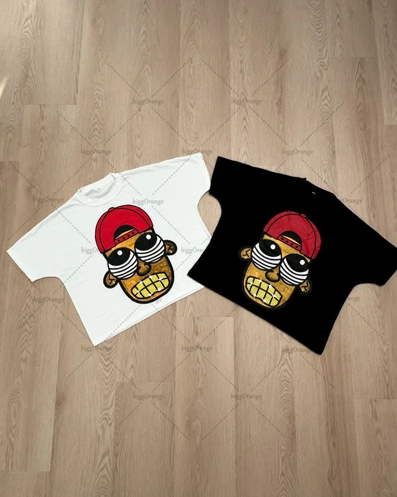 Y2K Street Hip-hop Fashion Loose Round Neck T-shirt Men Harajuku Retro Personality Print Casual Versatile Short-sleeved Women