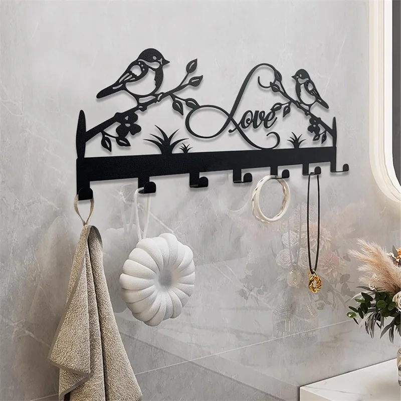 metal key holder wall hook organizer door entryway hallway kitchen wall decor rack 7 hooks Sweet couple love birds design hooks 3