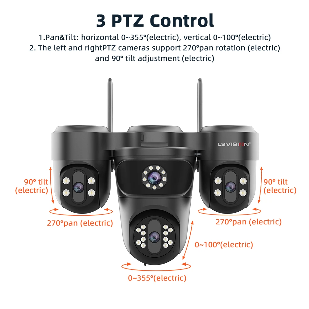 LS VISION 20MP Three PTZ Four Screens 4G AOV Solar Camera 12X Optical Zoom 24/7 Video Recording Auto Zoom Tracking CCTV Cameras 5
