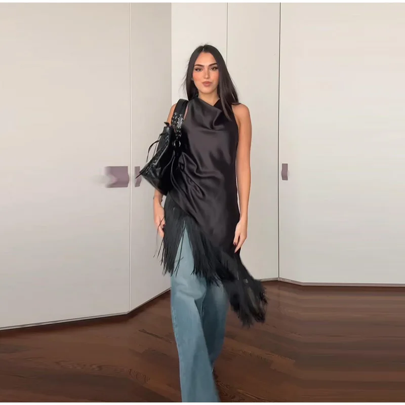 Schwarzes ärmelloses Satinkleid für Damen, asymmetrischer Fransensaum, Wasserfallausschnitt, Midi-Länge, elegantes formelles Party-Abend-Event-Neues Kleid – Detail 12