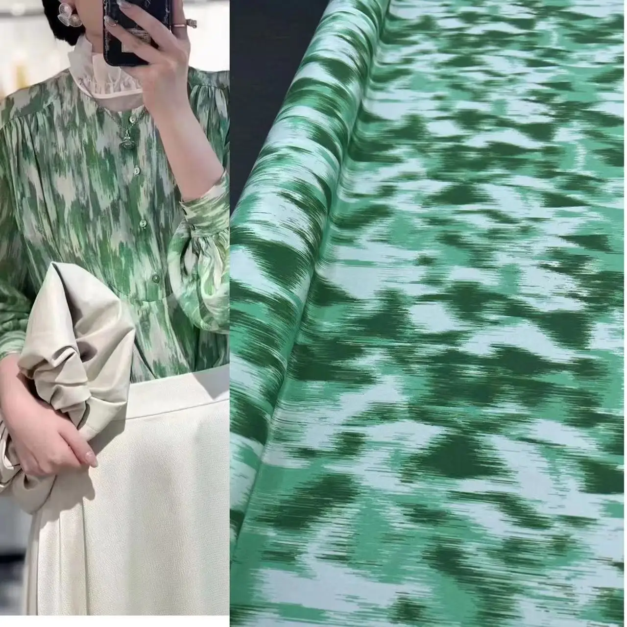 

Green Ink Tie Dyeing Style Elastic Double Crepe Silk Fabric Summer Beach Skirt Shirt Mulberry Silk Fabric High Quality
