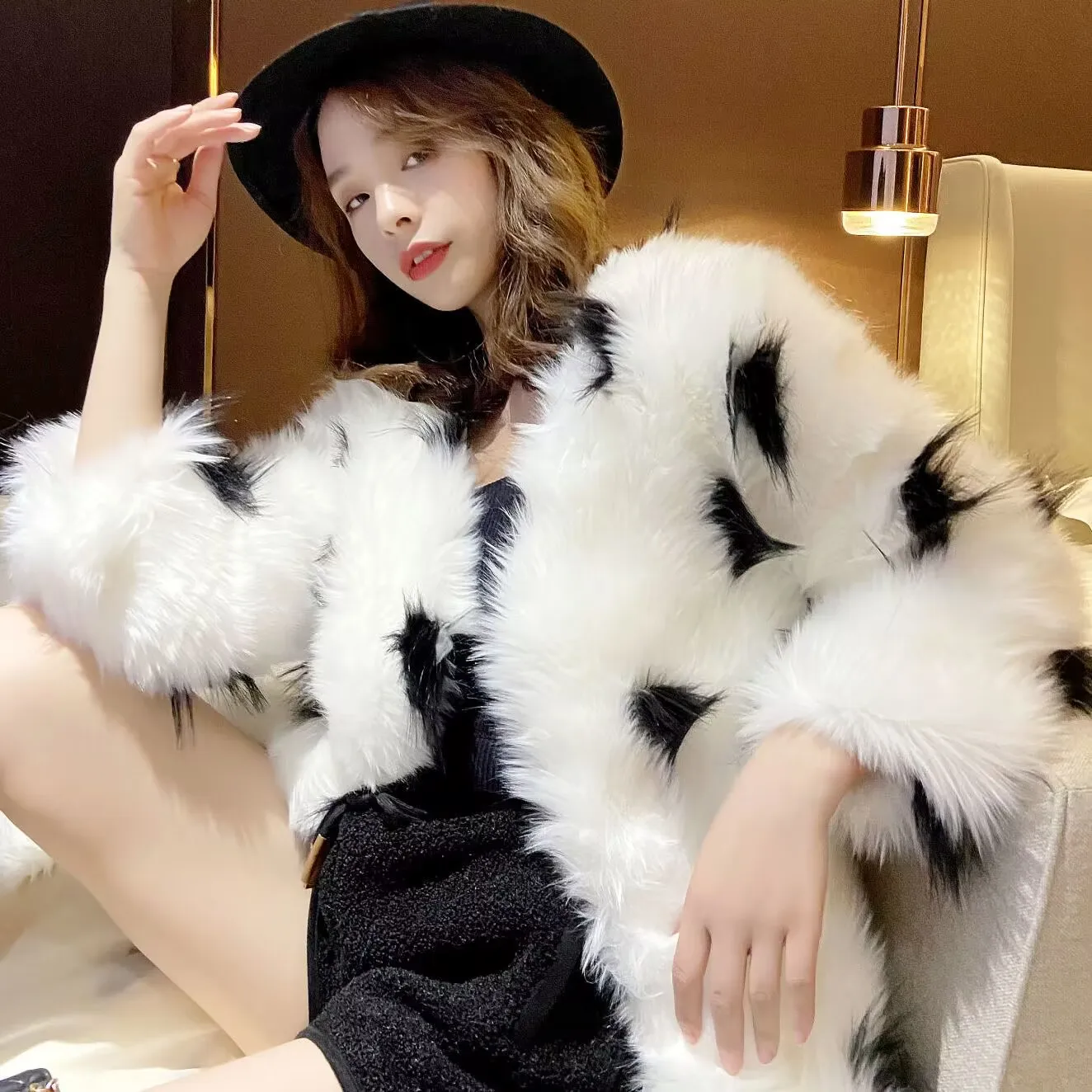 

Women's Thick Fur Coat, Long Sleeve Jacket, Beige, Autumn, Winter, New, 2023