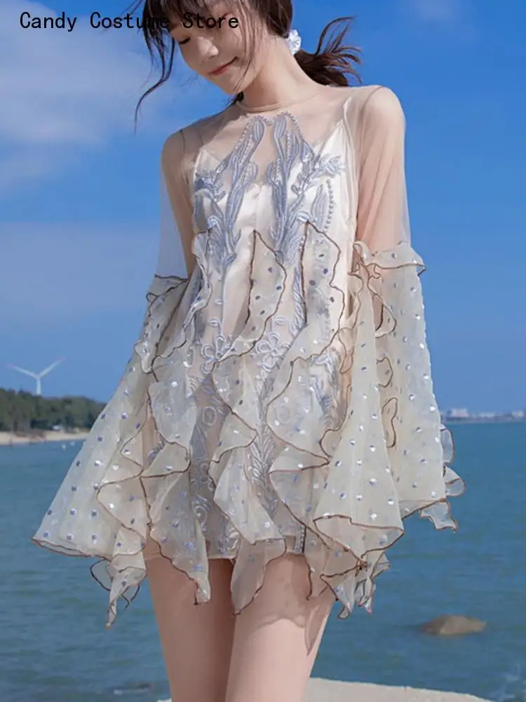 Beach Jumpsuit Spring New Organza Embroidered Super Fairy Holiday Women Fashion Flare Sleeve Ruffles Wide Leg Rompers Bodysuit