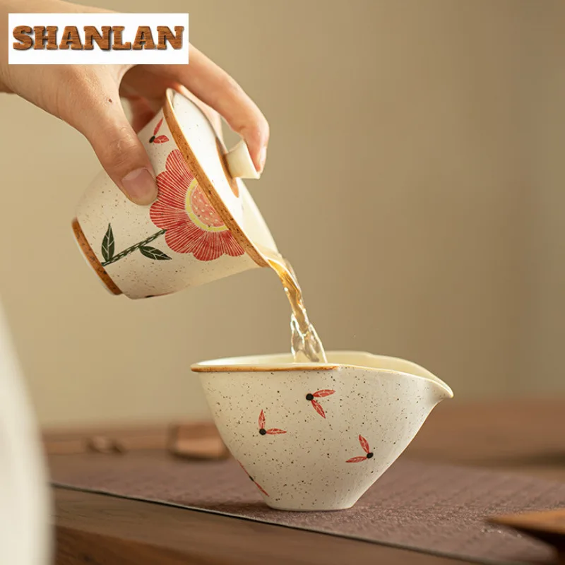 150ml Jingdezhen Powder Yin Cover Bowl Zen Hand-painted Sunflower Gaiwan Ancient Ceramic Tea Tureen Tea Making Tableware Crafts
