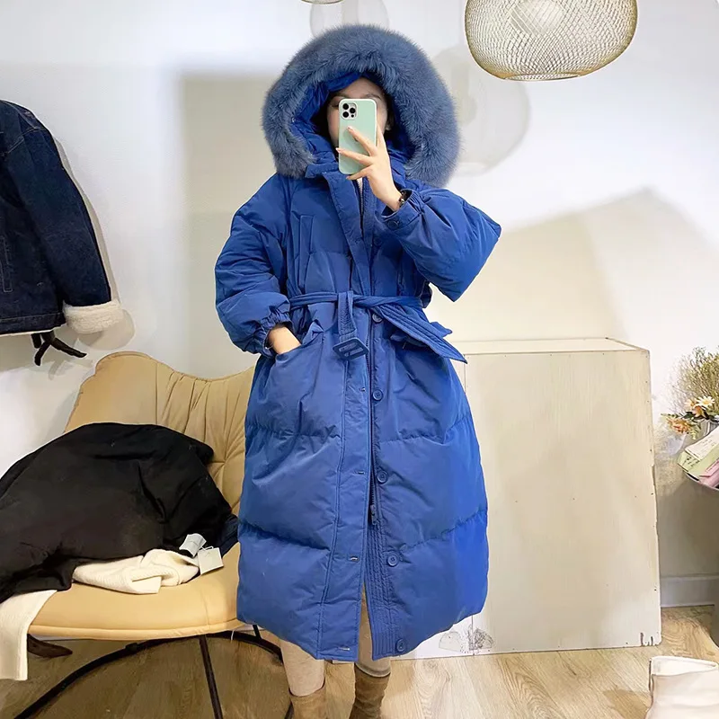 

Пуховик женский средней и длинной, зимняя новая тонкая Толстая Свободная куртка в Корейском стиле с большим меховым воротником и белым утиным пухом