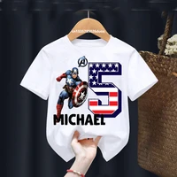 Summer 2024 Captain America Birthday Personalize Name Boy Shirt 2 3 4 5 6 7 8 9 Marvel Birthday Girl White Short Sleeve T-Shirt 1