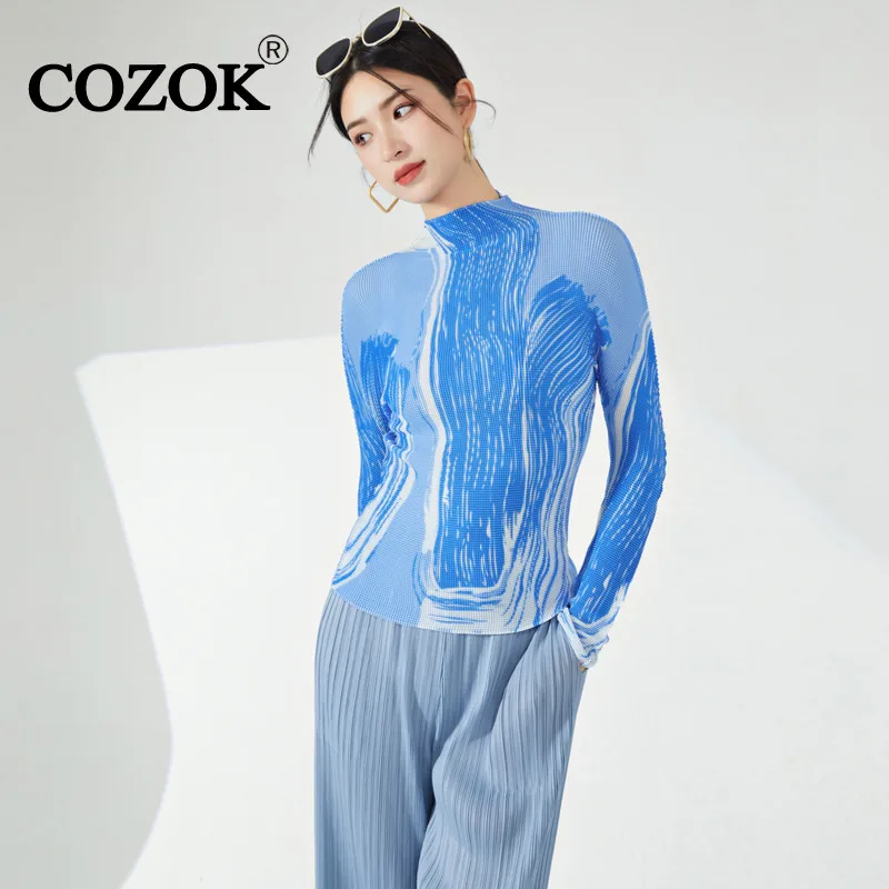 

COZOK Printed Slim Top For Women NicheDesign Elastic Pleated Half High Collar Long Sleeve T-shirt 2024 New Stylish WT959