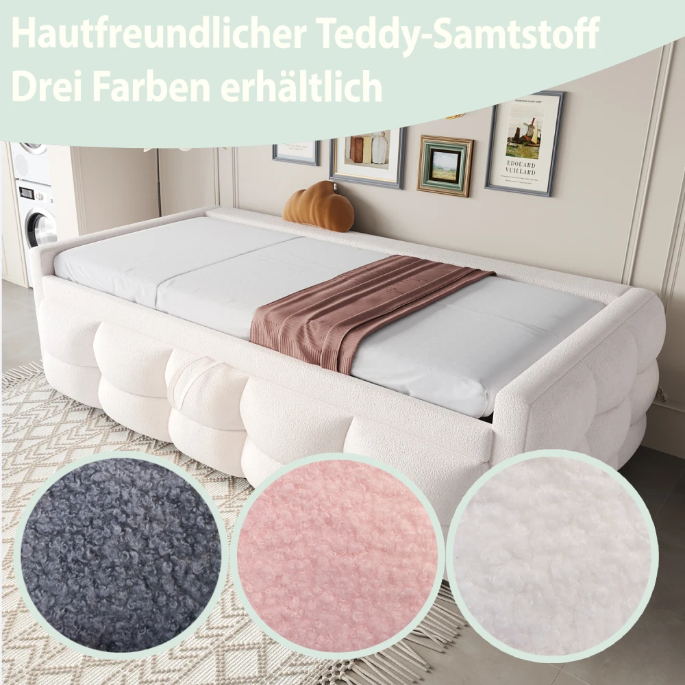 90/180x190cm Ausziehbares Schlafsofa, Samt-Puff-Stoff, umwandelbares Einzel-/Doppelbett, multifunktionales Tagesbett mit Tafel, platzsparende Couch (Matratze nicht enthalten) – Detail 27