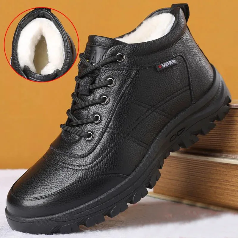 Black Men Winter Boots New Thick Cotton Shoes Comfortable Outdoor Male Rubber Soled Non-slip Leather Snow Boots Keep Warm Shoes
