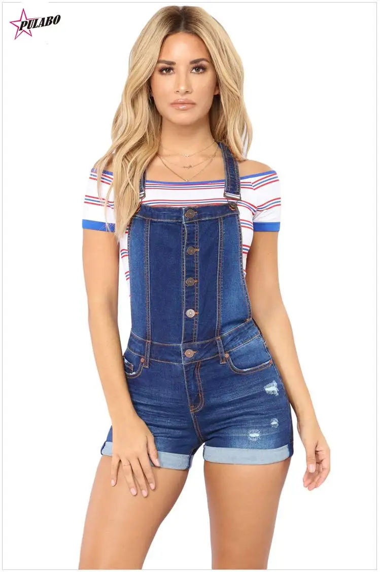 

PULABO Denim Overalls Women Hole Short Jumpsuit High Waist Casual Jeans Playsuit Washed Salopette Straps Summer Jeans Romper