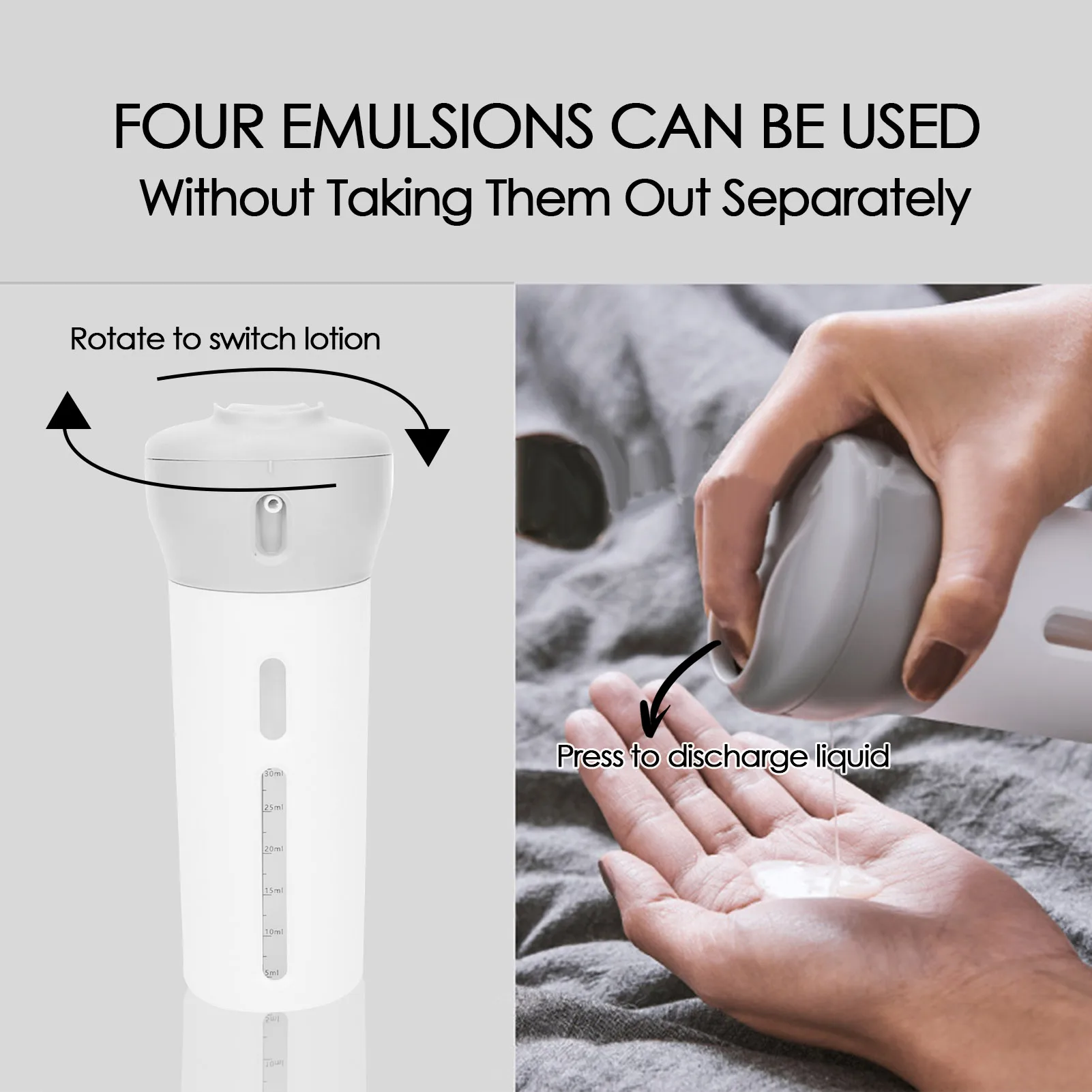 4 in 1 40ml Portable Travel Liquid Dispenser Bottle Empty Sub-bottle Press Container Bottles Perfume Shampoo Conditioner Lotion