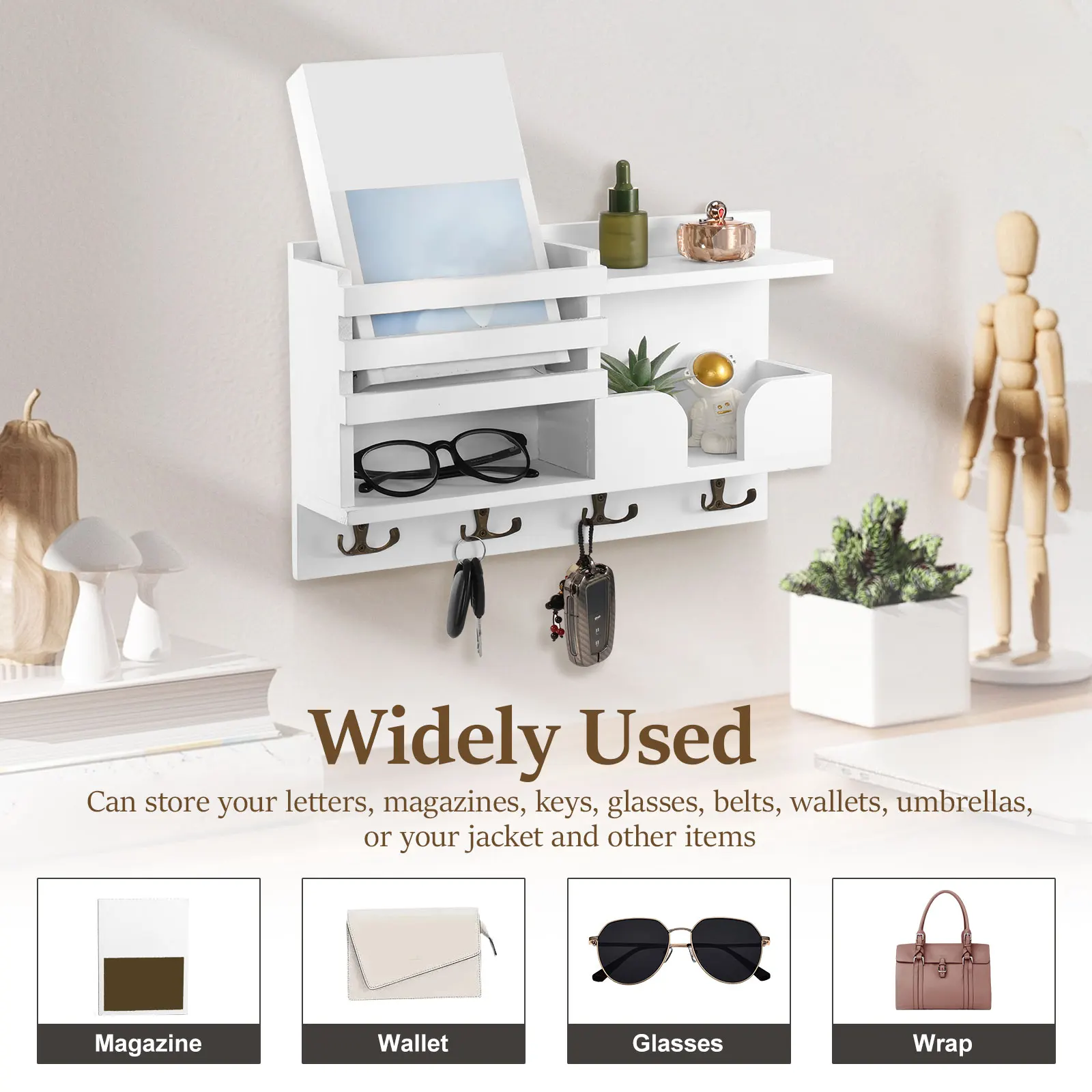 Wood Mail and Key Organizer Multifunctional Mail and Key Rack Practical Mail and Key Shelf Wall Mounted Mail and Key Holder 5