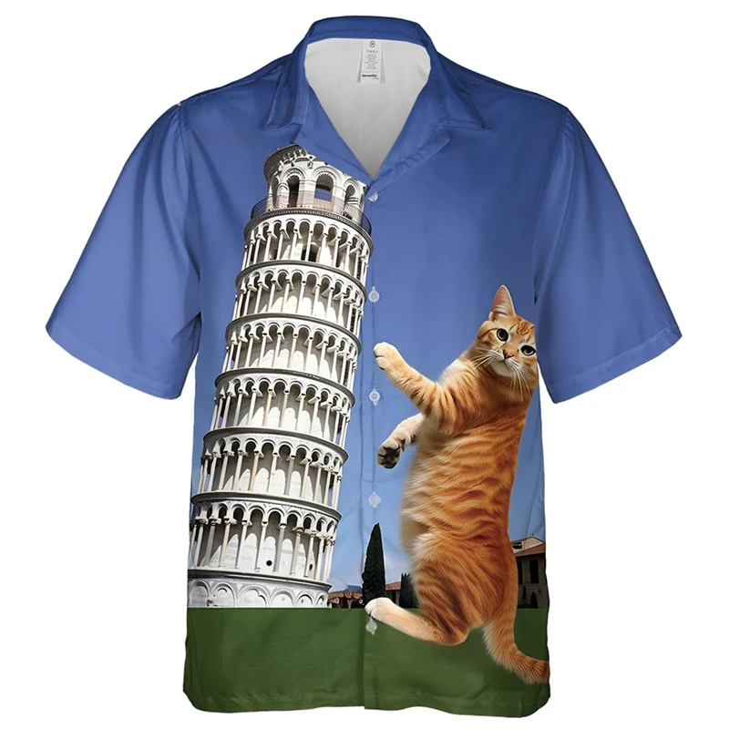 Men Animal Funny Cat 3D Print Short Sleeve Casual Blouse Single-Breasted Hawaiian Shirt Cat Top