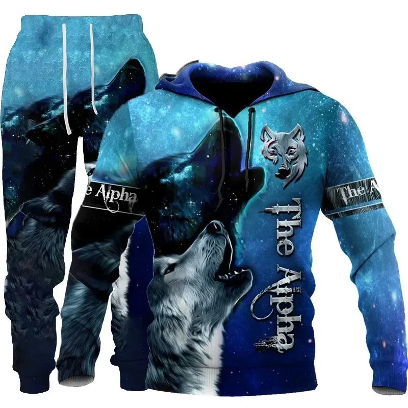 New Hoodie Sets Pullover Wolf Graphic 3D Printed Pants Suit  Autumn Casual Sweatshirt Tracksuit Set Fashion Men's Clothing Suit 4