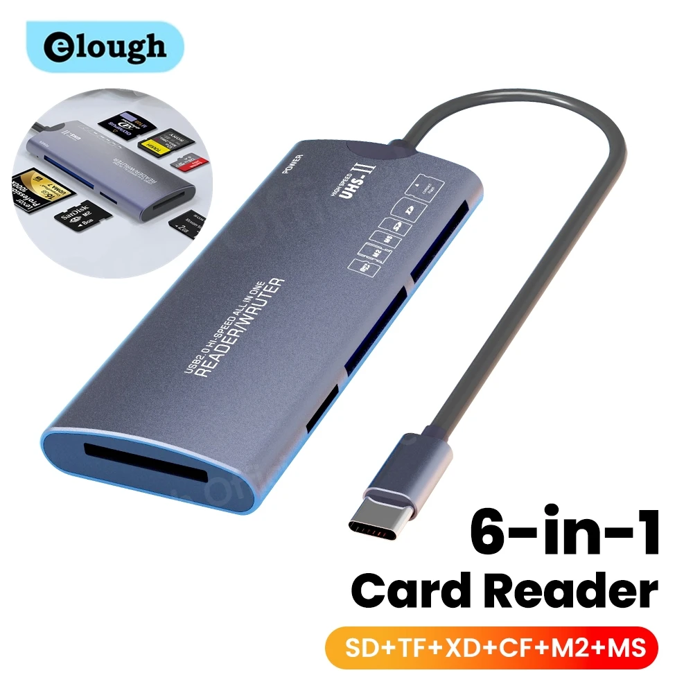 Elough 6 في 1 قارئ بطاقات SD TF XD CF M2 قارئات بطاقات الذاكرة USB محول نوع C قارئ بطاقات نقل البيانات عالي السرعة لأجهزة الكمبيوتر المحمول