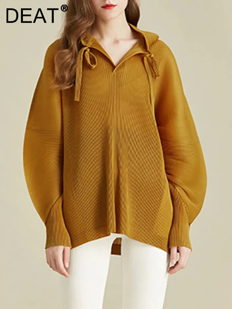 DEATPleatedHoodedShirtsFullSleeveLooseWomenVersatileAutumnNew