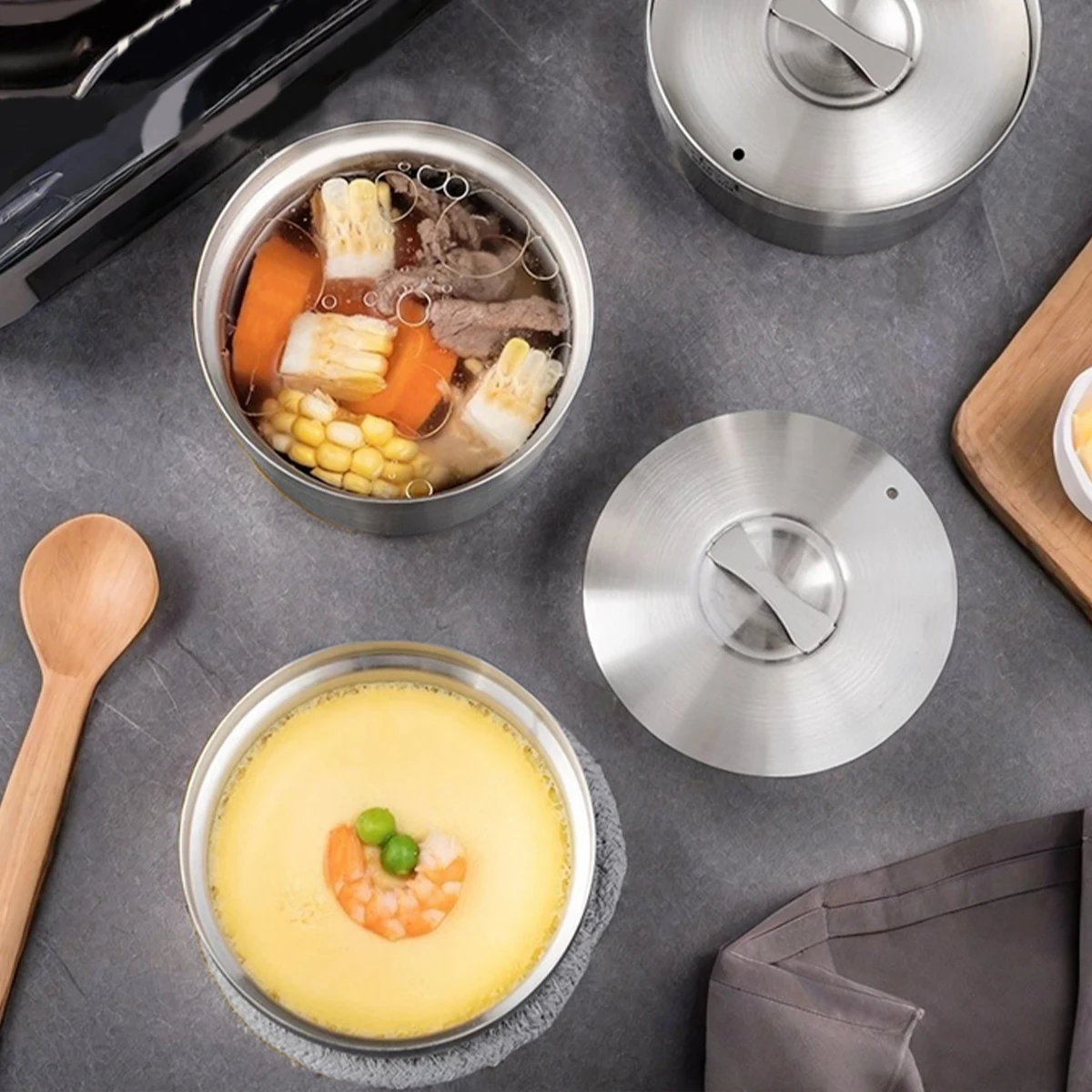304 Stainless Steel Steam Bowl with Lid 300ml Stew Pot Stackable Food Container Versatile Egg Poacher Kitchen Utensils
