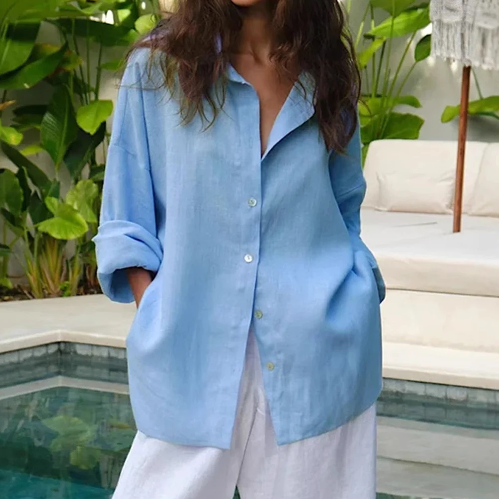 White Cotton Long Sleeve Slim Fit Women Blouse for Spring Autumn Workwear