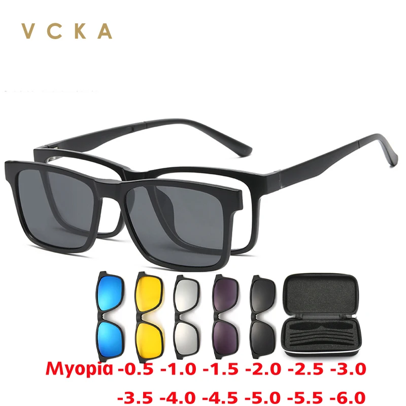 VCKA 6-in-1 Polarisierte Myopie-Sonnenbrille für Männer und Frauen, Magnetischer Clip-On, TR90 Optisches Brillengestell mit Sehstärke -0,5 bis -10