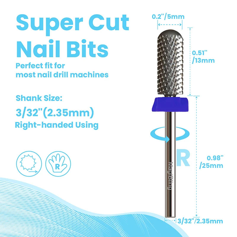 MagiBling Super Cut Small Barrel Nail Drill Bits Tungsten Carbide Upward Teeth Cuticle Hard Gel Polishing Removal Tools 3/32'' 5