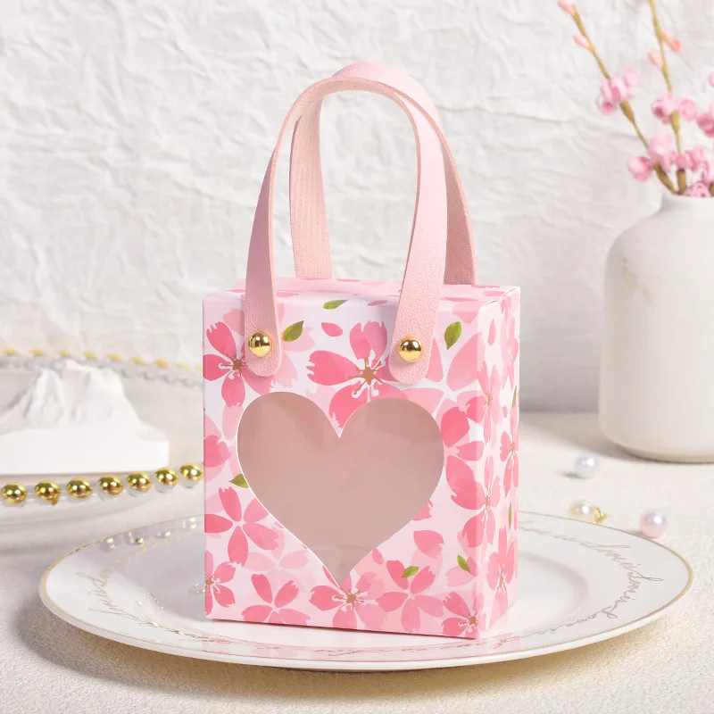 10Pcs Wedding Candy Gift Bags Transparent Window Packaging Boxes Pink Romantic Flower  Portable Birthday Party Supplies