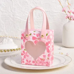 10Pcs Wedding Candy Gift Bags Transparent Window Packaging Boxes Pink Romantic Flower Portable Birthday Party Supplies