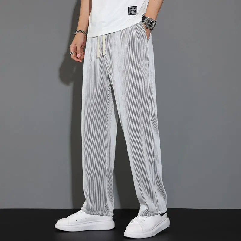 Summer New Sagging Ice Silk Loose Wide Leg Pants Men\'s Solid Thin Elastic Waist Drawstring Straight Quick Drying Casual Trousers