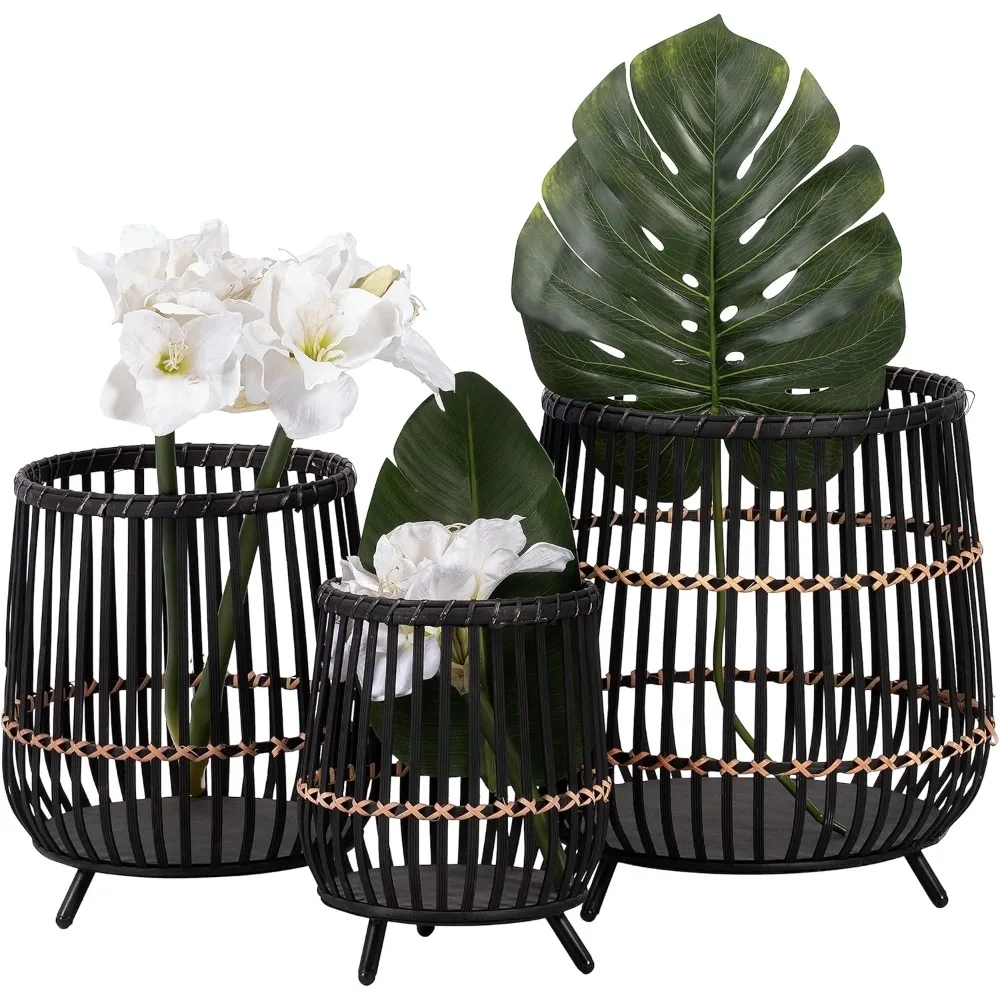 Set of 3 Black Bamboo & Metal Planters – 10", 14", 17" 1