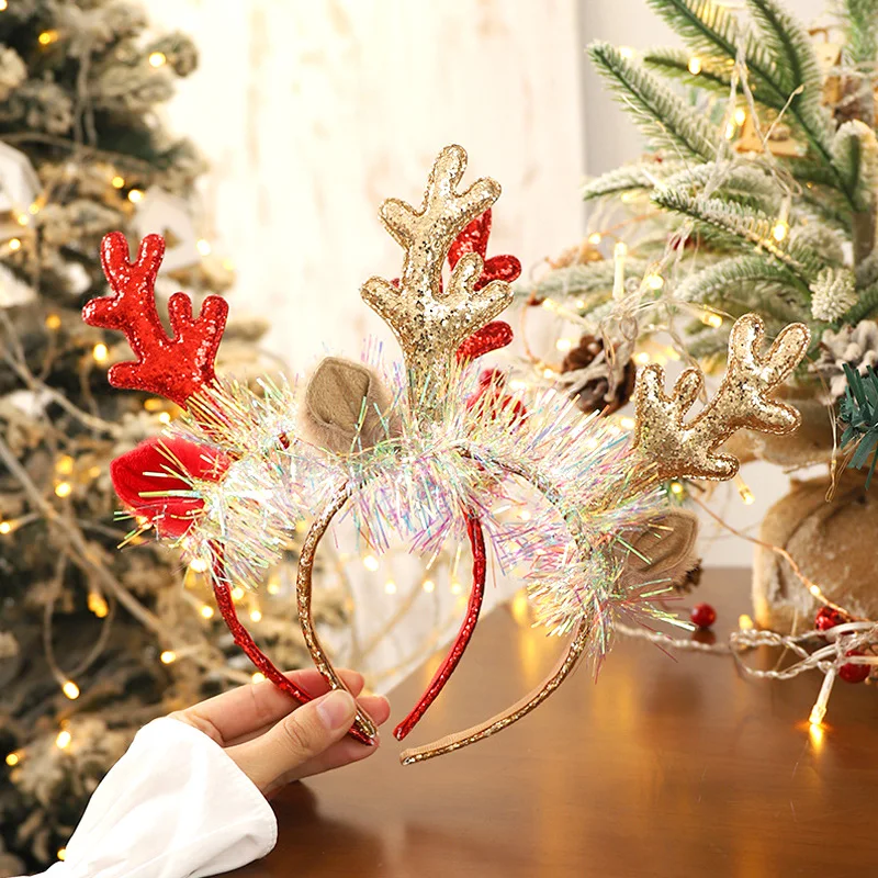 Christmas Antlers Hair Hoop Colorful Sequins Antlers Reindeer Ears Bells Headbands Women Girls Christmas Party Cosplay Headwear