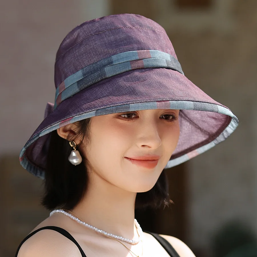 

Fisherman's Hat Female Korean Plaid Bow Large Brim Breathable Sunscreen Hat Elegant Hundred Mom Sunshade Hat sub