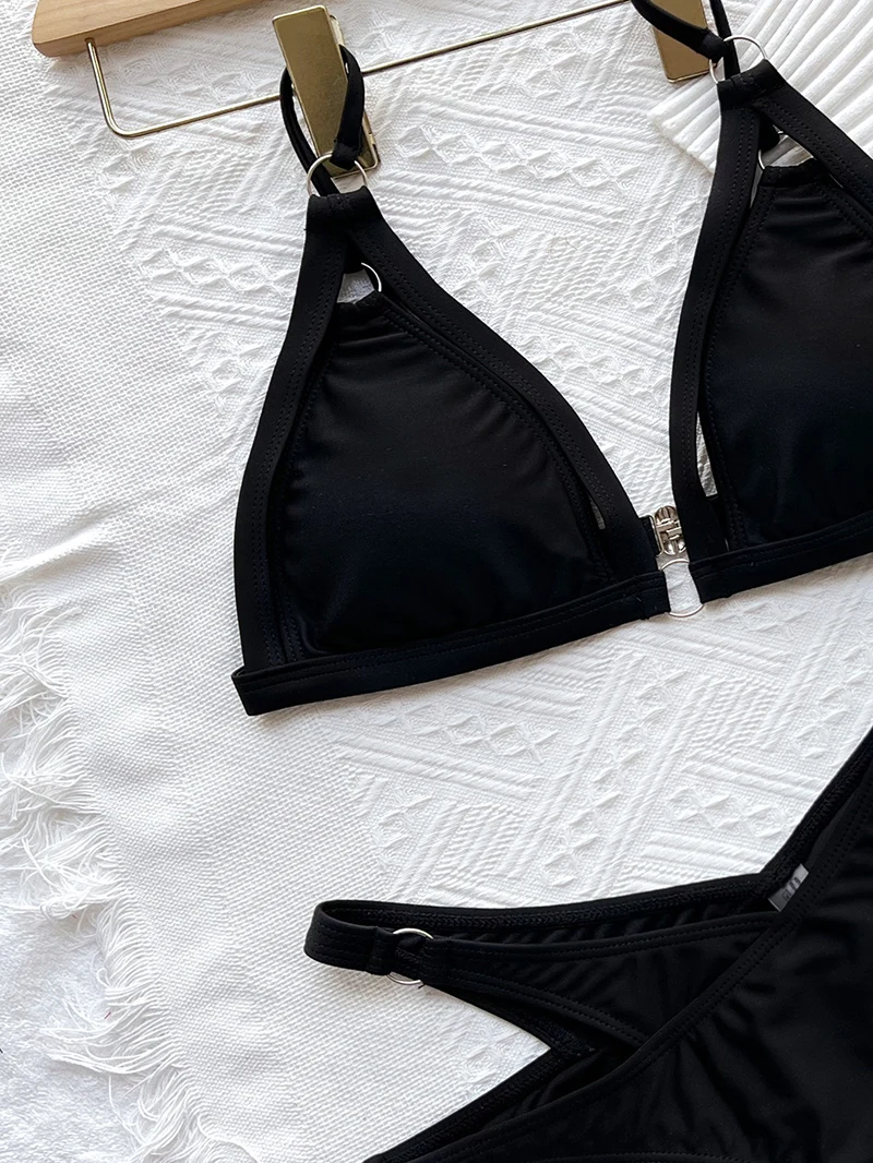 Sexy Solid Straps Triangle Bag Hollow Out Bikinis Woman Push Up Swimwear Fake Two Piece Thong Swimsuits Summer Beachwear