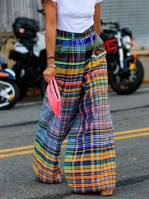 Colorful Plaid Wide Leg Pants for Women 2023 Autumn New
