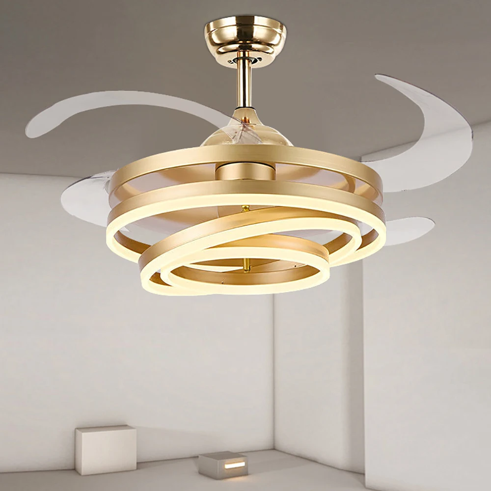 Ceiling Fans Modern Intelligent LED Hanging Lampara with 4 Retractable Blades Led Light With Remote Control Dimmable for Bedroom