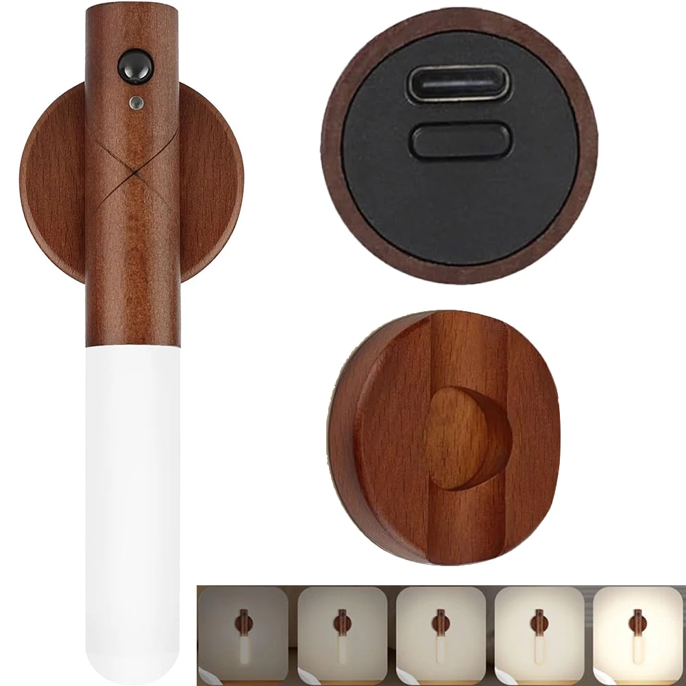 실내 나무 벽 스콘스 모션 센서, 마그네틱 LED 벽 조명, 무단 조광, USB 충전식, 침실 복도 계단