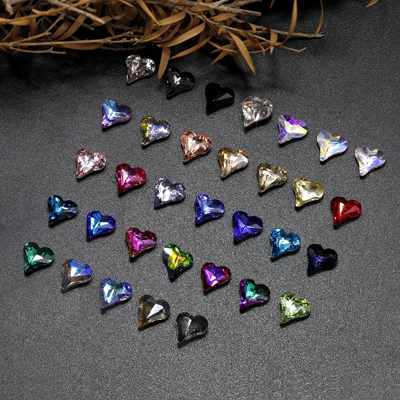 20PCS 지적 바닥 비뚤어진 심장 네일 라인 석 매력 K9 유리 돌 보석 크리스탈 네일 아트 장식 매니큐어 액세서리