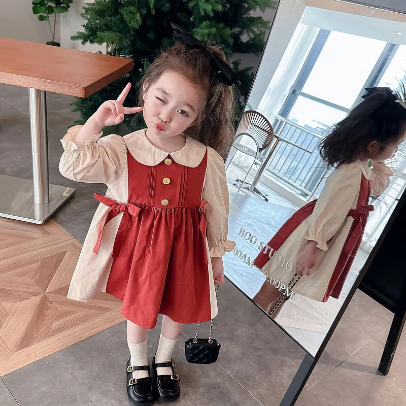

Girls' Long-sleeved Dress Spring and Autumn New Girls' College Fashion Color Long-sleeved Pleated Dress Ropa De Niña