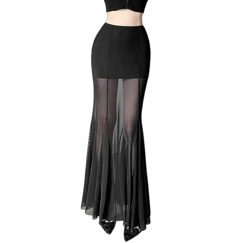 Elegant Skirt Women y2k Clothes See Through High Waist Fishtail Hem Mesh Bodycon Skirt 2000s Party Skirts Streetwear