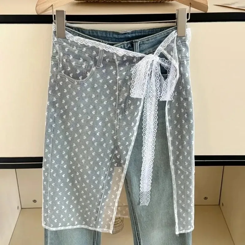 Korean Fashion Lace Irregular Skirt Curtain White Flowers Lace Mesh Halfbody Skirt Women Y2K Bottoms Jeans Decorative Hemline