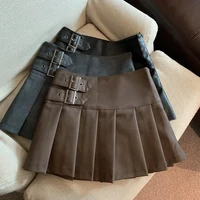 MEXZT S-3XL Y2K Pu Leather Mini Skirts Women Streetwear High Waist Pleated Skirt Vintage Korean Black Slim Casual A Line Skirts 1