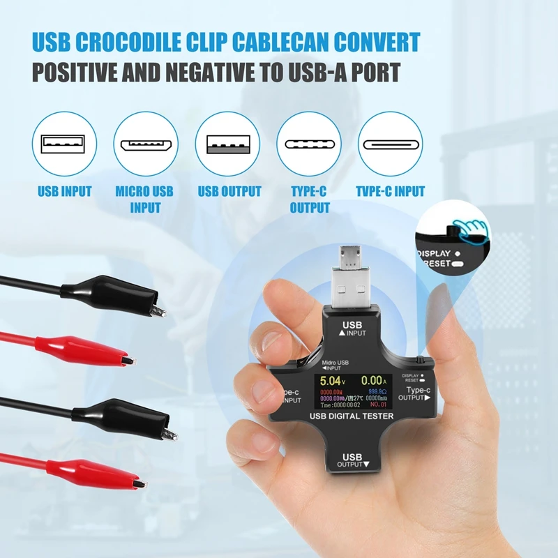 USB C Tester 2 In 1 Type C USB Tester Color Screen IPS Digital Multimeter Voltage Current Power Resistance Temperature With Clip digital multimeter
