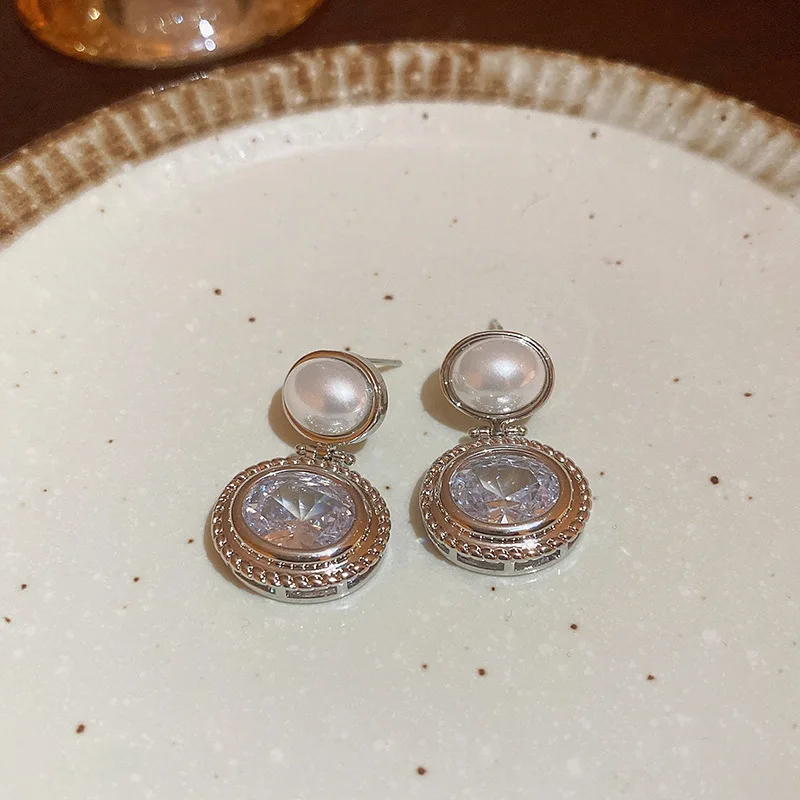 S3437 Geometric Ellipse Faux Pearl Zircon Shinning Dangle Earrings For Women S925 Silver Needle Stud Earrings