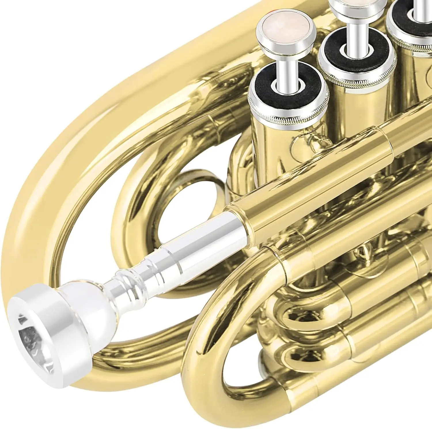 Pocket Trumpet Brass Bb Gold Lacquer Mini Trumpet with 7 C Mouthpiece, Hard Case, Strap, White Gloves, Cleaning Kit for