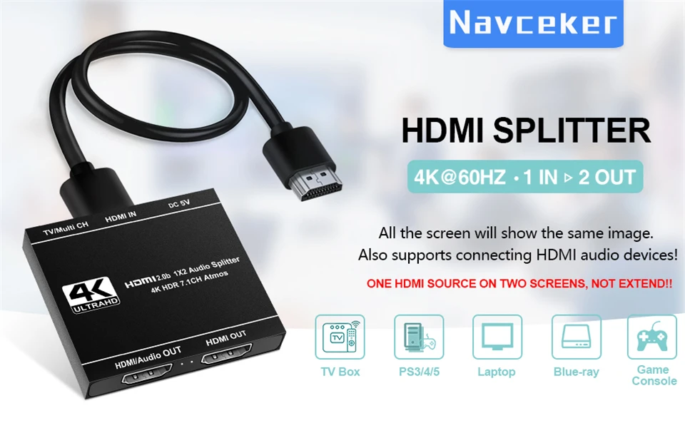 2025 Best HDMI audio extractor 4K 60Hz HDMI 2.0 Splitter 1 in 2 out 7.1 CH HDMI