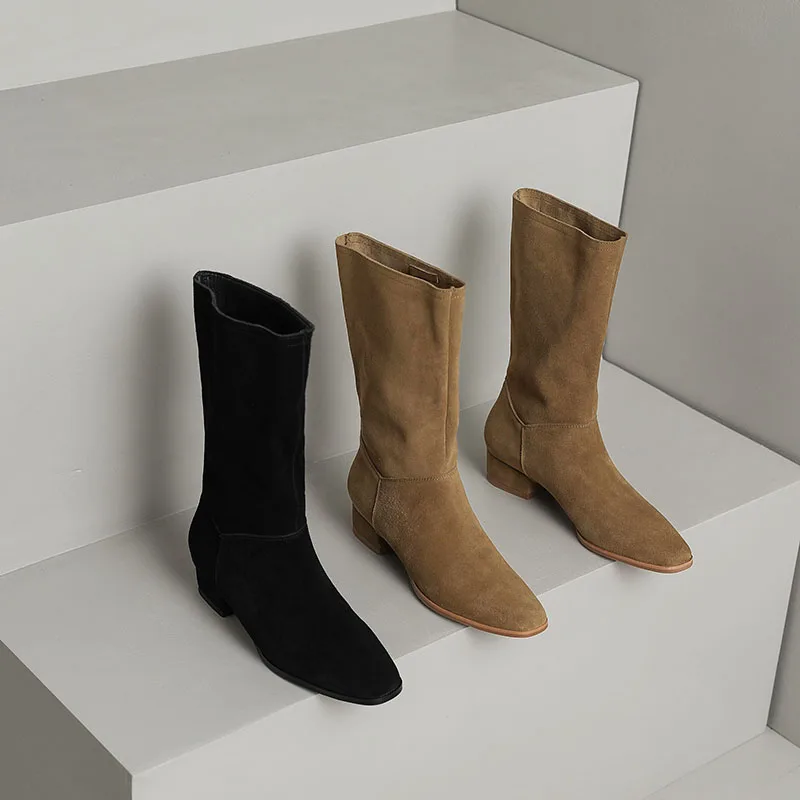 

Женские сапоги из натуральной замши и свиной шкуры, сапоги до середины икры из натуральной кожи, с квадратным носком, в западном стиле, 22-25 см, Осень-зима 2023
